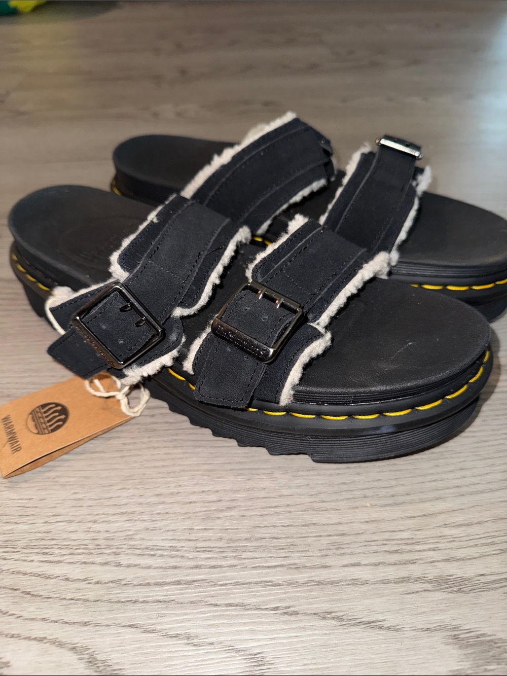 Black Fuzzy-Trim Platform Slide Sandals